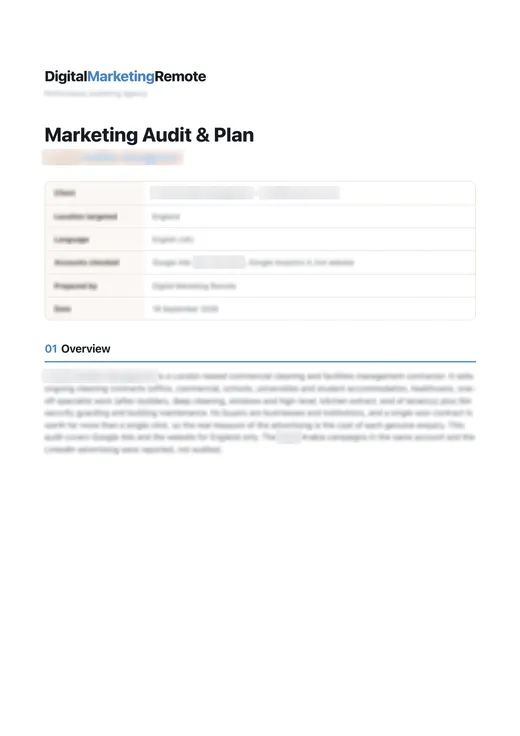 Sample audit cover: Facilities company (client details blurred)