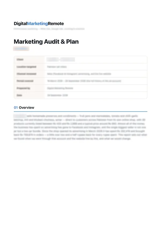 Sample audit cover: Online food shop (client details blurred)