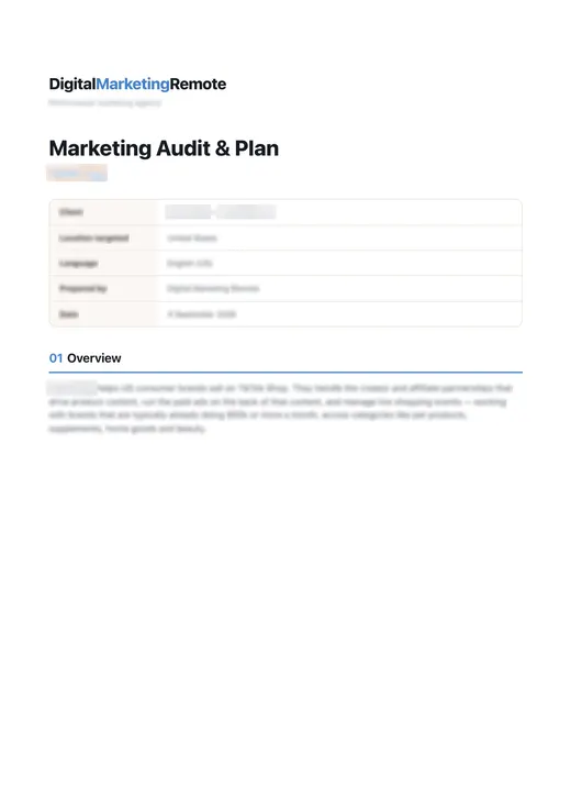 Sample audit cover: TikTok Shop agency (client details blurred)