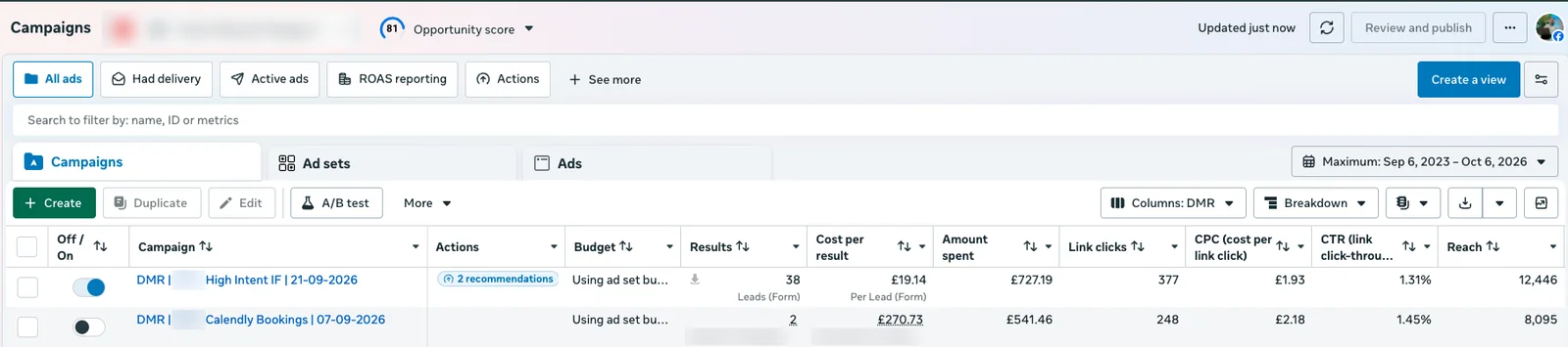 Meta Ads campaign results for a UK physical therapy clinic